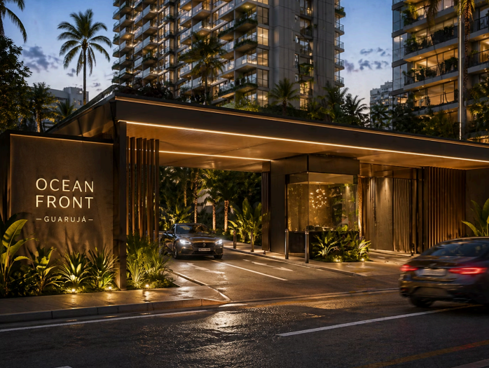 Entrada do Ocean Front Guarujá com acesso ao empreendimento