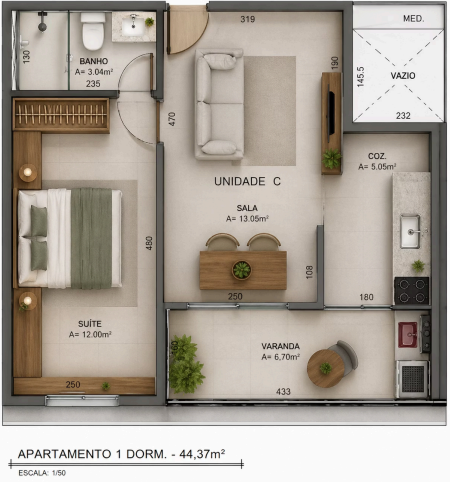 Planta humanizada do apartamento de 1 dormitório do Ocean Front
