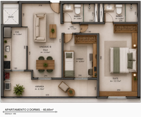 Planta humanizada do apartamento de 2 dormitórios do Ocean Front