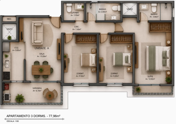 Planta humanizada do apartamento de 3 dormitórios do Ocean Front
