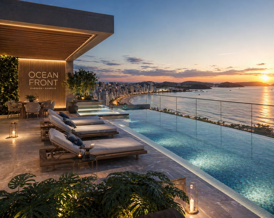 Piscina com borda infinita do Ocean Front, voltada para a Praia da Enseada